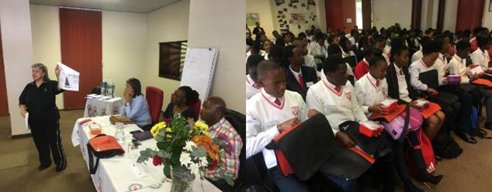 Left: Maths Centre personnel was explaining what is inside the "survival pack" and how learners can utilize each item. Right: Learners from project schools were going through what was inside the "survival pack" bag