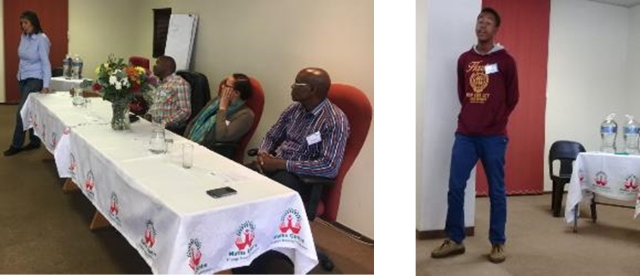Left: Audrey Hutton from the Department of Education (DOE) Ekurhuleni South addressing learners about the DOE strategy for 2019. Right: Sibusiso Khumalo is a Maths Centre Alumna; he completed Grade 12 in 2017. He is currently studying Mechanical Engineering at WITS University